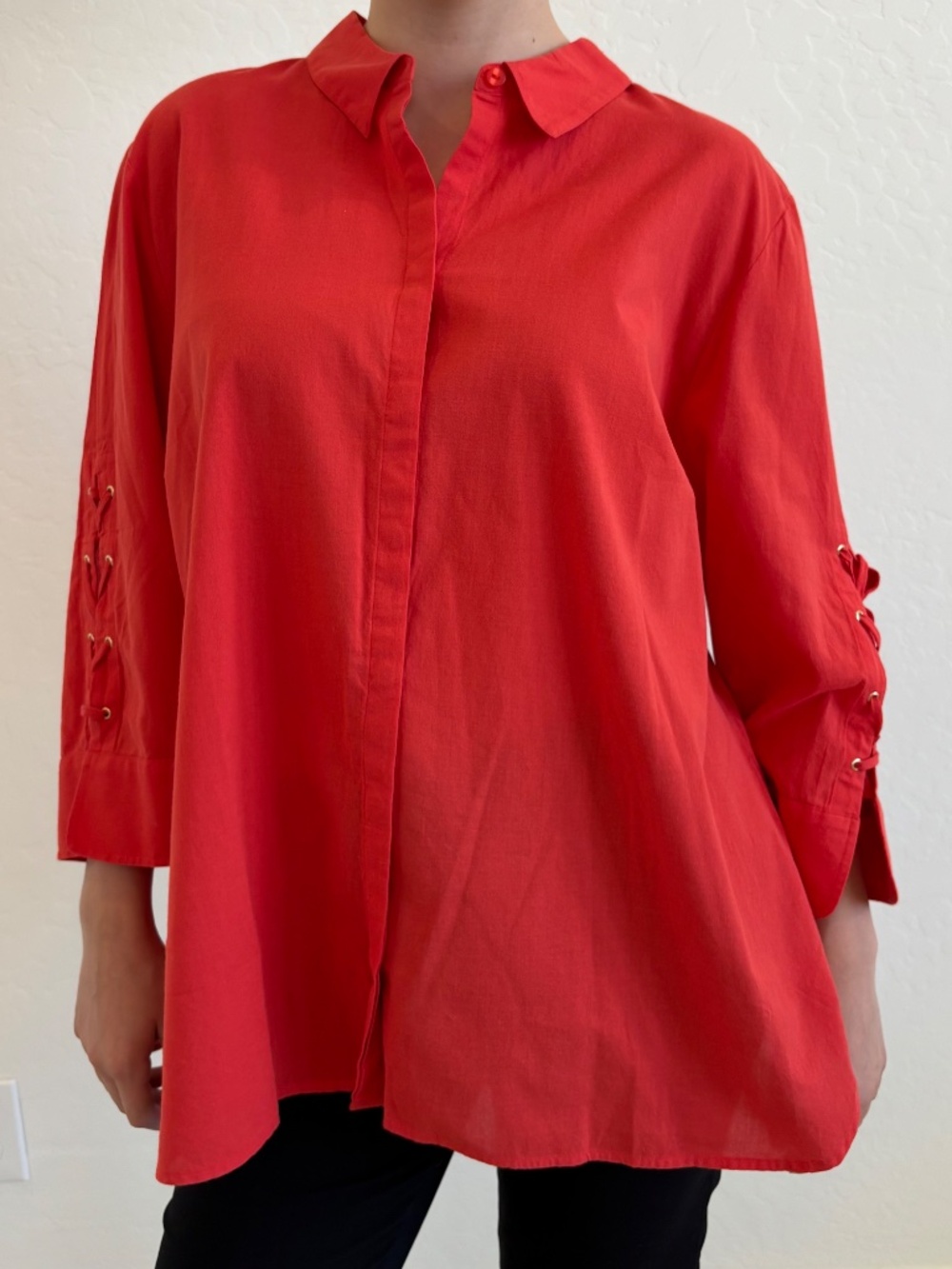NWT Chico's Red Lace-Up Sleeve Button Down Tunic Blouse - Size 4 (XXL / 20),boho